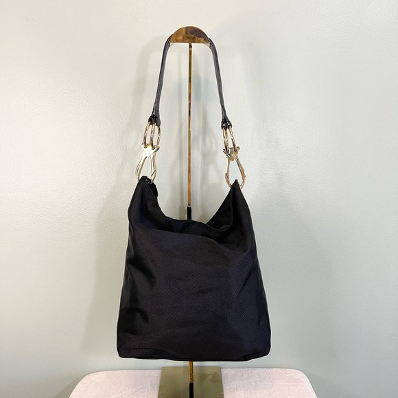 JPK PARIS 75 Women's Black Leather Chunky Hardware Nylon Hobo Shoulder Bag - Picture 2 of 12